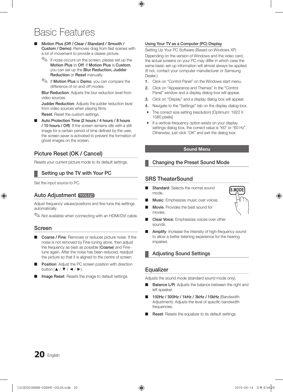 Basic features, Picture reset (ok / cancel), Auto adjustment | Screen, Srs theatersound, Equalizer | Samsung UE32C6200RS User Manual | Page 20 / 232