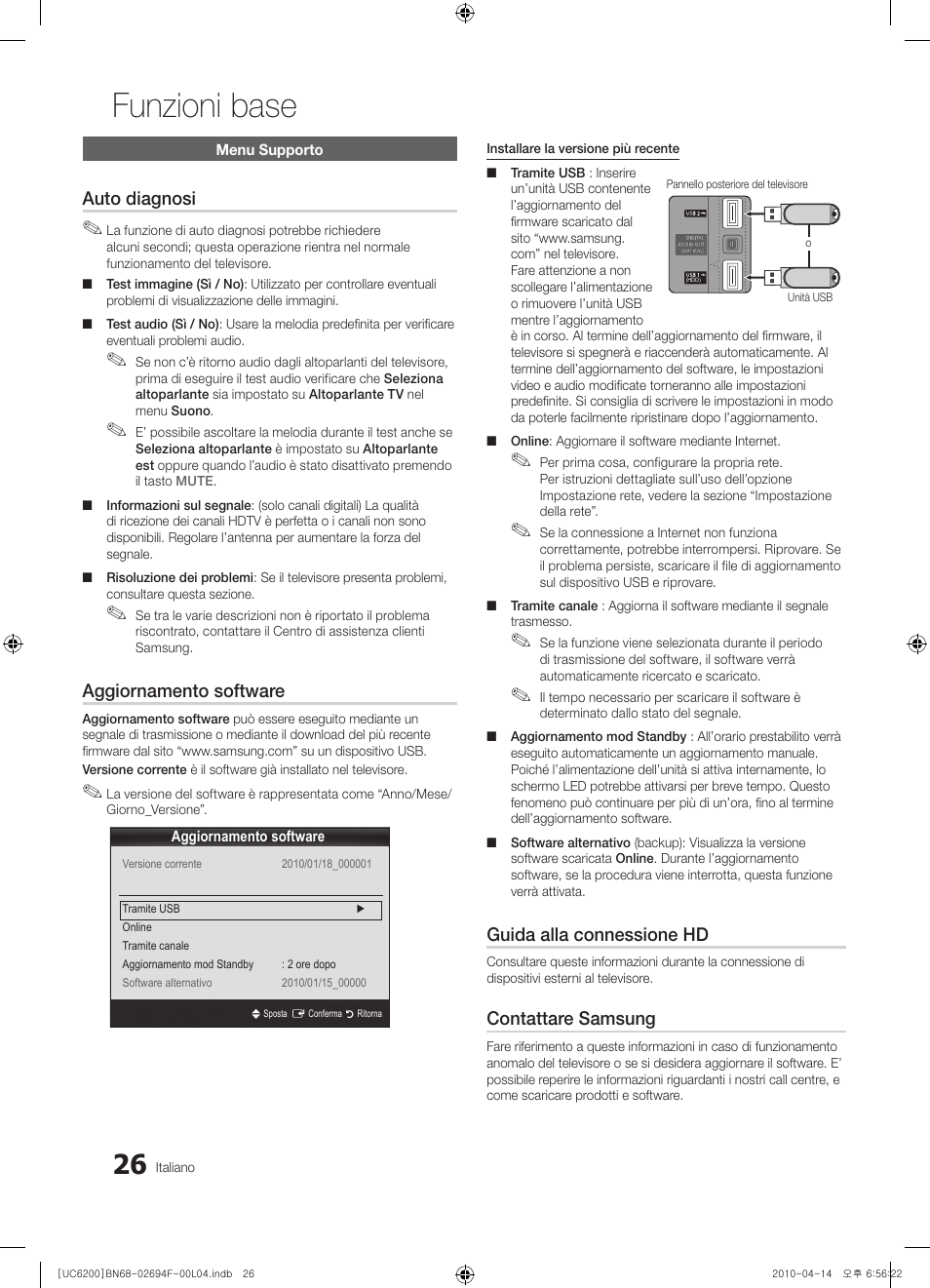 Funzioni base, Auto diagnosi, Aggiornamento software | Guida alla connessione hd, Contattare samsung | Samsung UE32C6200RS User Manual | Page 200 / 232