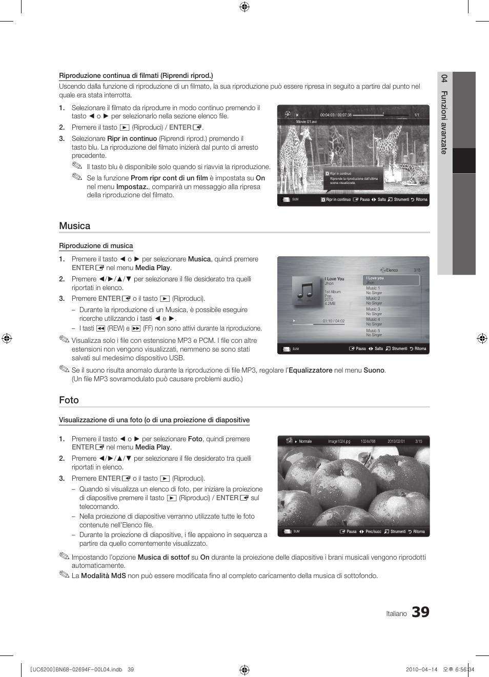 Musica, Foto | Samsung UE32C6200RS User Manual | Page 213 / 232