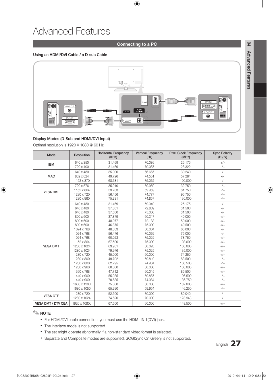 Advanced features | Samsung UE32C6200RS User Manual | Page 27 / 232