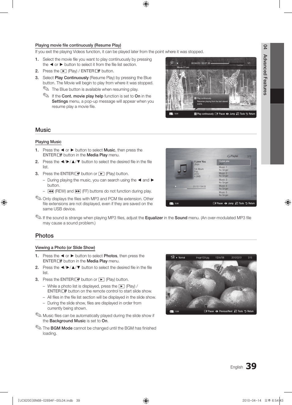 Music, Photos | Samsung UE32C6200RS User Manual | Page 39 / 232