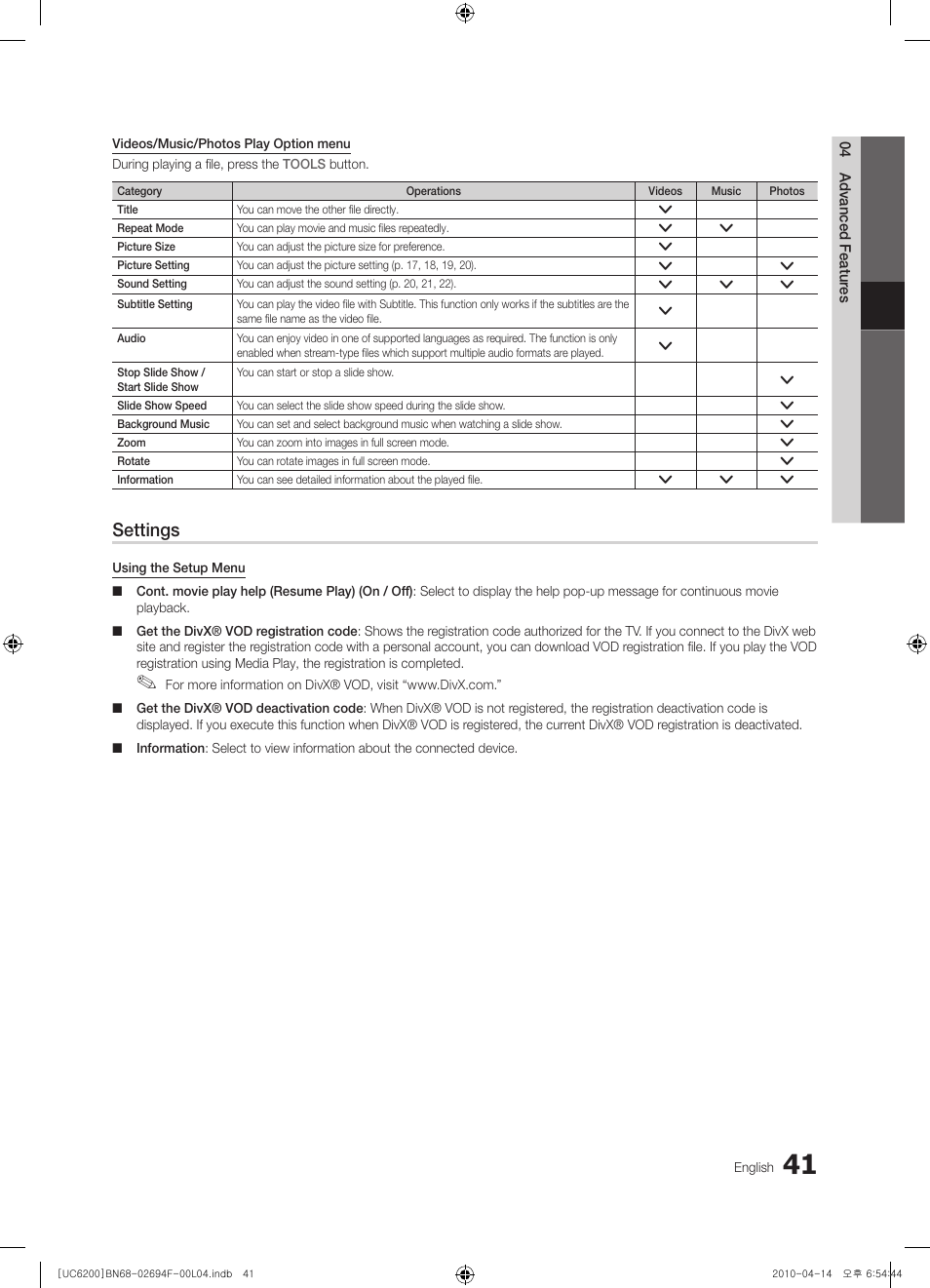 Settings | Samsung UE32C6200RS User Manual | Page 41 / 232