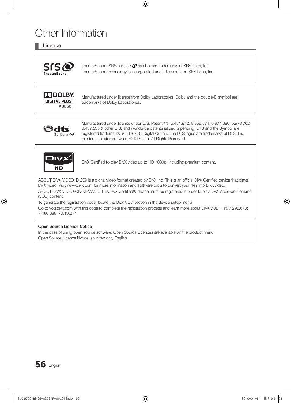 Other information | Samsung UE32C6200RS User Manual | Page 56 / 232