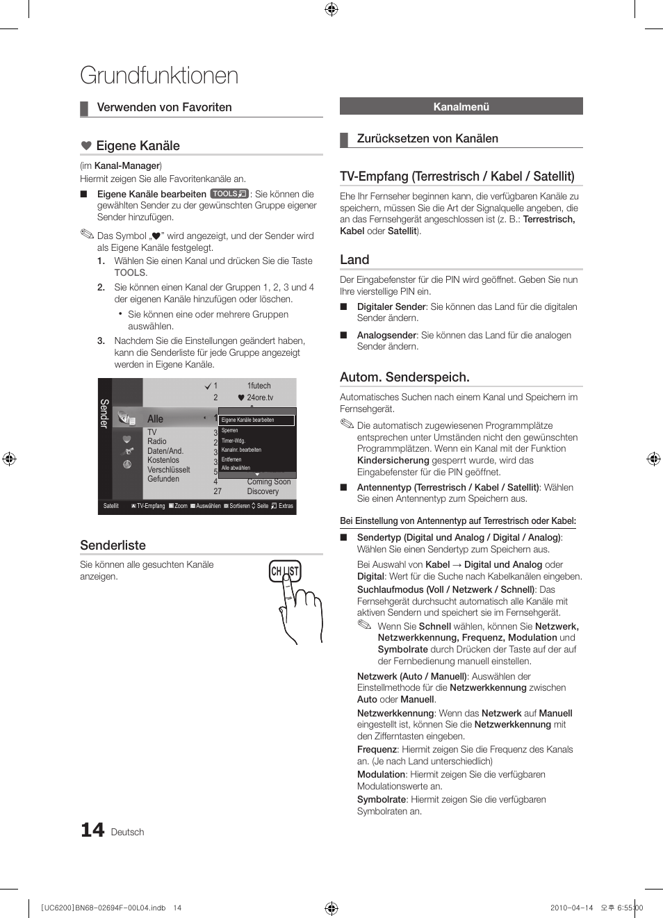 Grundfunktionen, Eigene kanäle, Senderliste | Tv-empfang (terrestrisch / kabel / satellit), Land, Autom. senderspeich | Samsung UE32C6200RS User Manual | Page 72 / 232