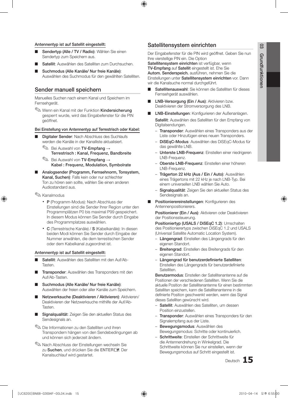 Sender manuell speichern, Satellitensystem einrichten | Samsung UE32C6200RS User Manual | Page 73 / 232