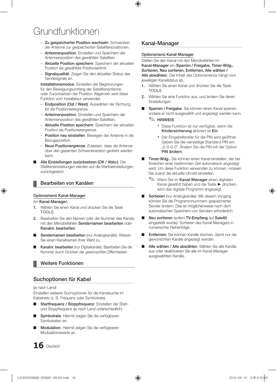 Grundfunktionen, Suchoptionen für kabel, Kanal-manager | Samsung UE32C6200RS User Manual | Page 74 / 232