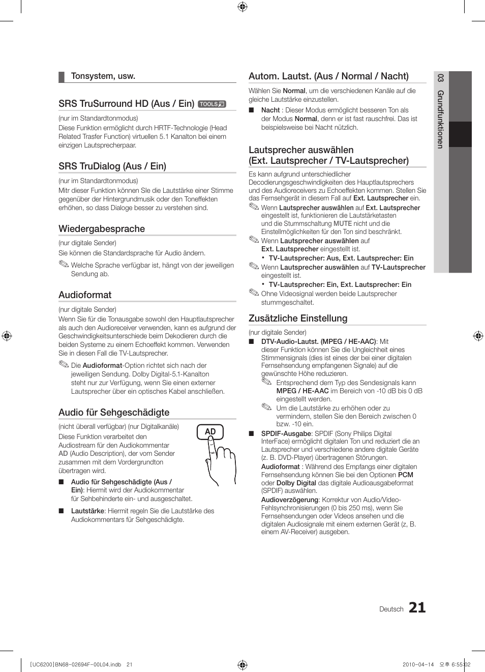 Srs trusurround hd (aus / ein), Srs trudialog (aus / ein), Wiedergabesprache | Audioformat, Audio für sehgeschädigte, Autom. lautst. (aus / normal / nacht), Zusätzliche einstellung | Samsung UE32C6200RS User Manual | Page 79 / 232