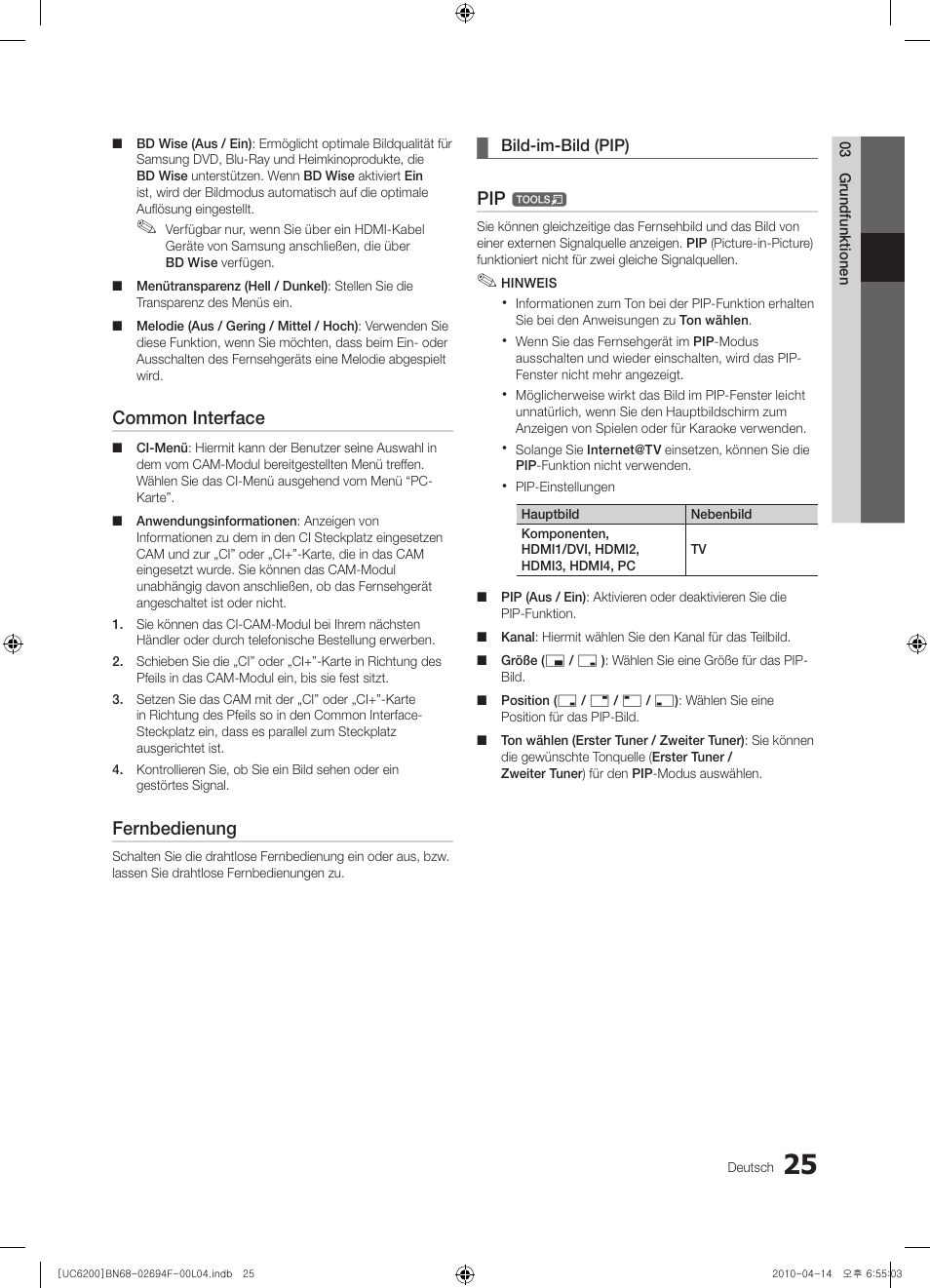 Common interface, Fernbedienung | Samsung UE32C6200RS User Manual | Page 83 / 232