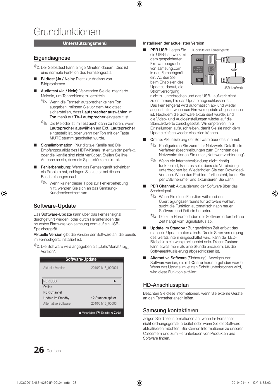 Grundfunktionen, Eigendiagnose, Software-update | Hd-anschlussplan, Samsung kontaktieren | Samsung UE32C6200RS User Manual | Page 84 / 232