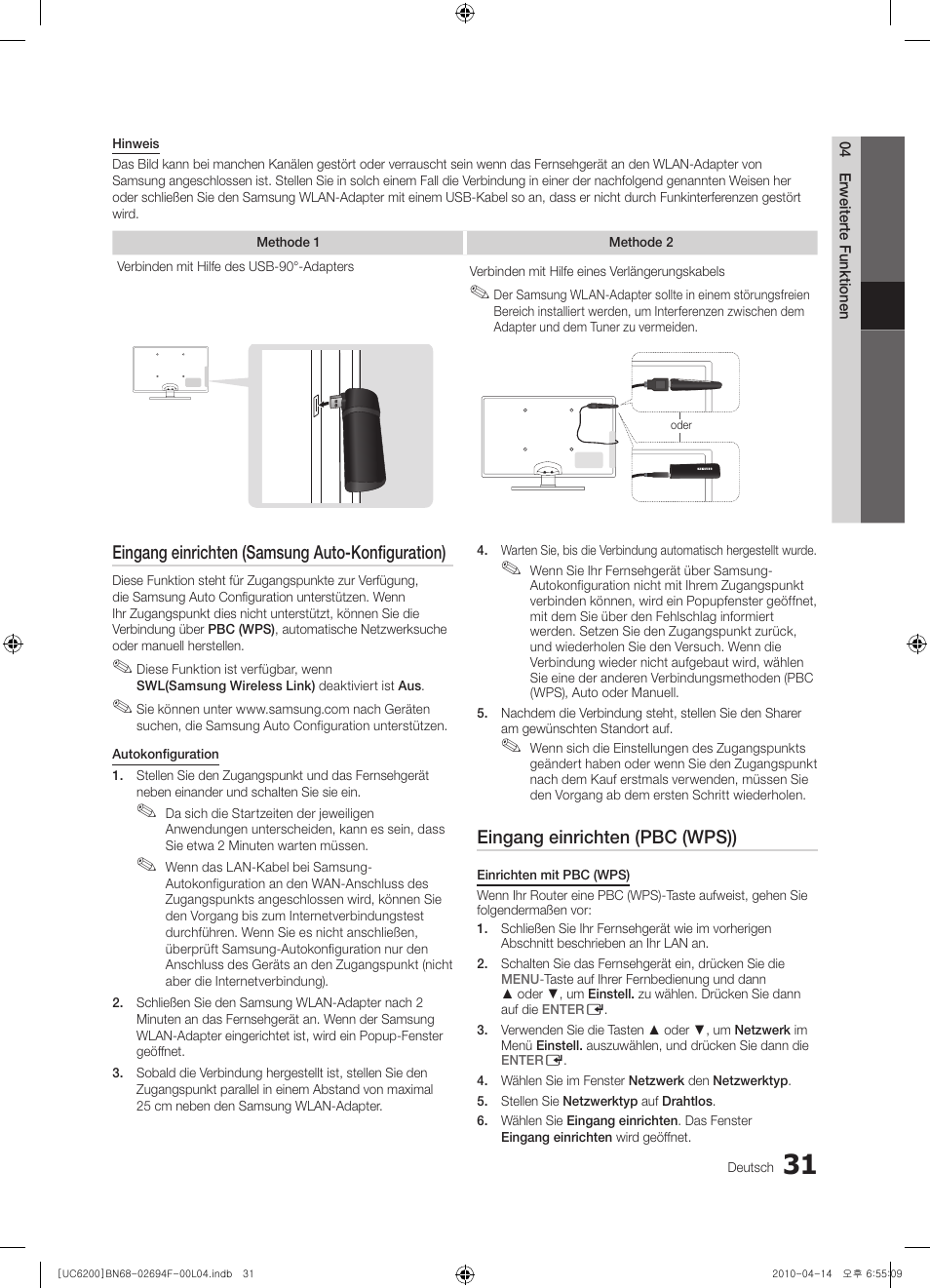 Eingang einrichten (samsung auto-konfiguration), Eingang einrichten (pbc (wps)) | Samsung UE32C6200RS User Manual | Page 89 / 232