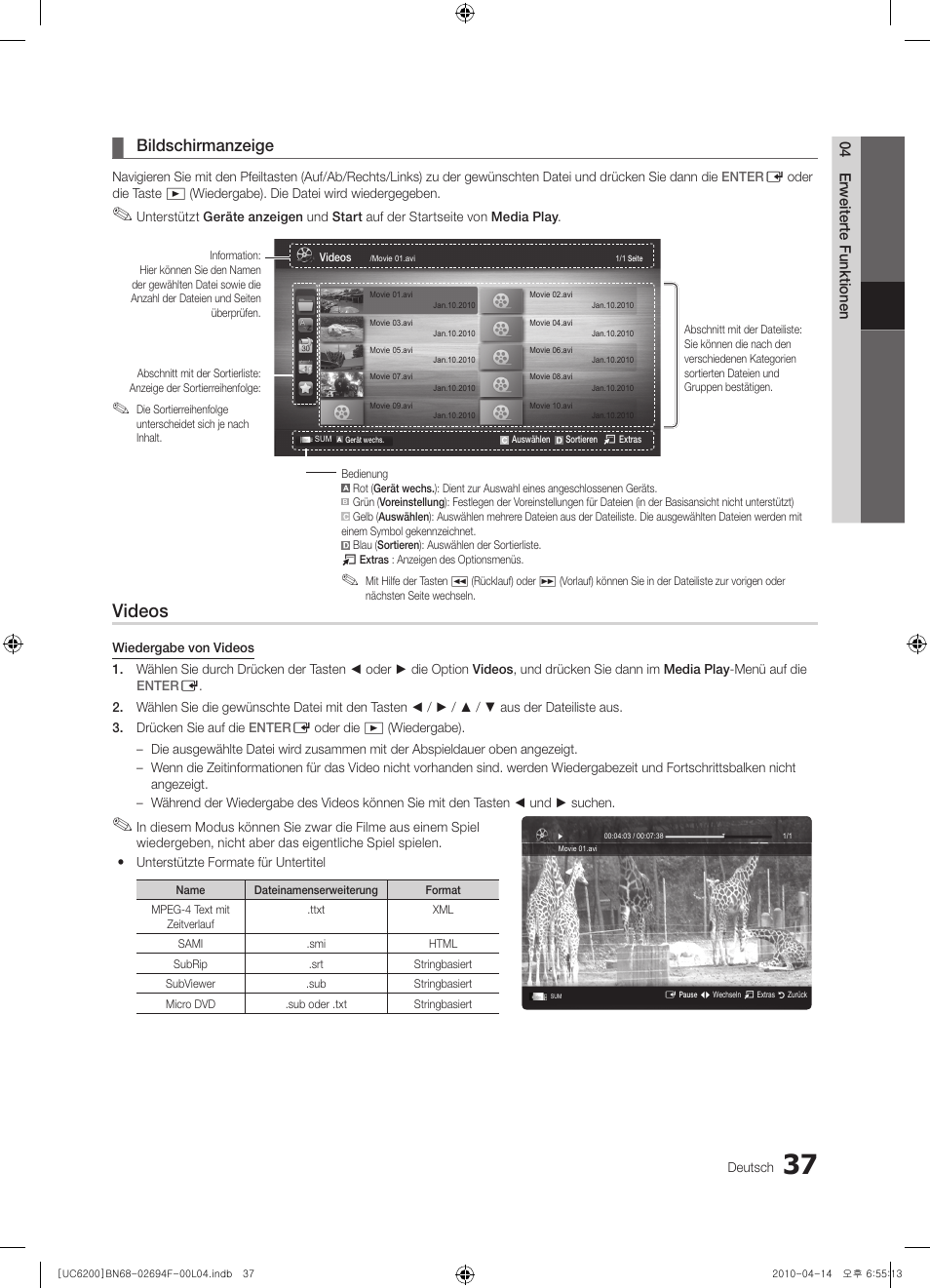 Videos, Bildschirmanzeige | Samsung UE32C6200RS User Manual | Page 95 / 232