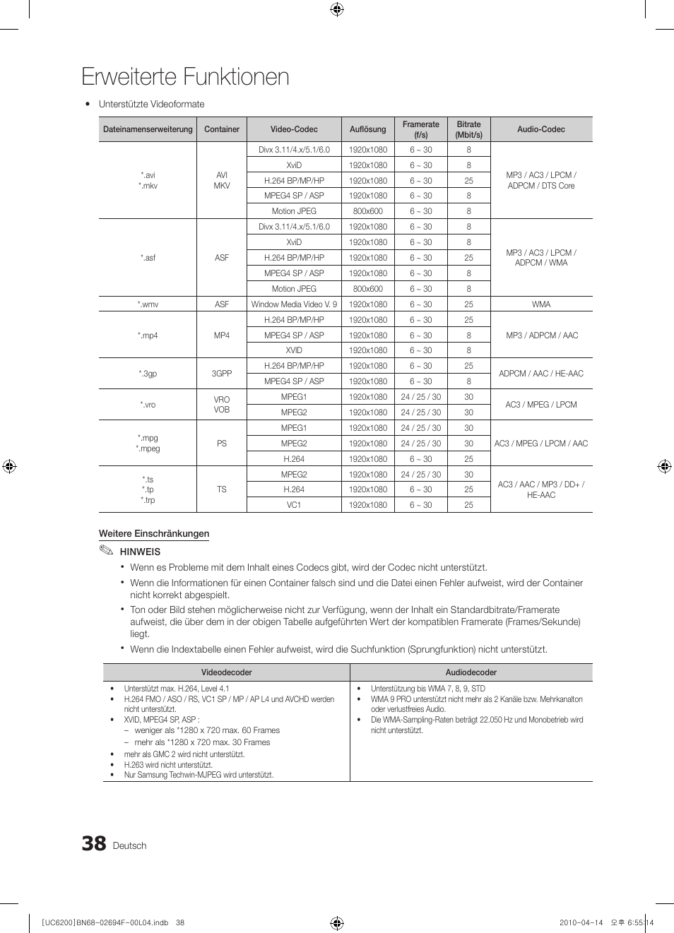 Erweiterte funktionen | Samsung UE32C6200RS User Manual | Page 96 / 232