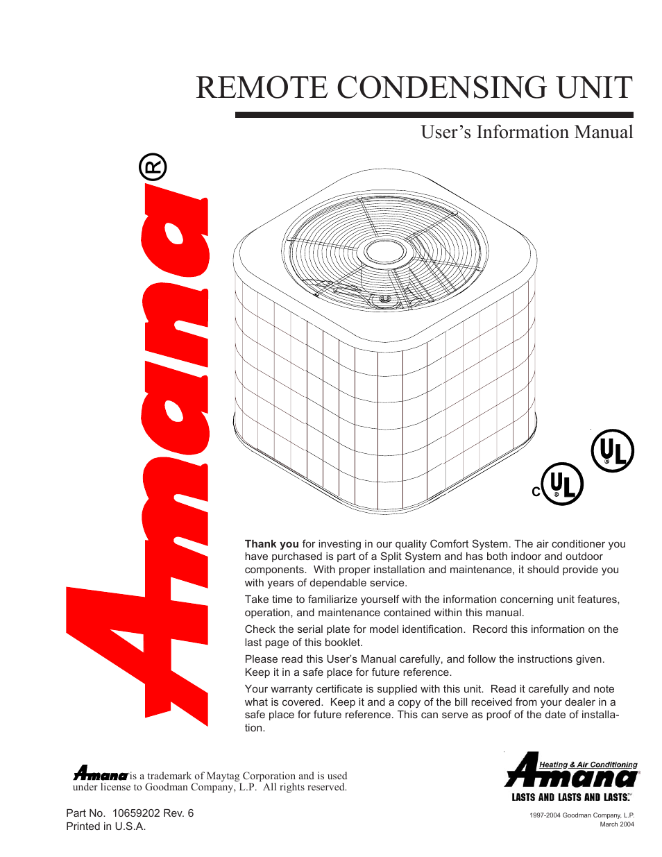 Amana REMOTE CONDENSING UNIT User Manual | 8 pages