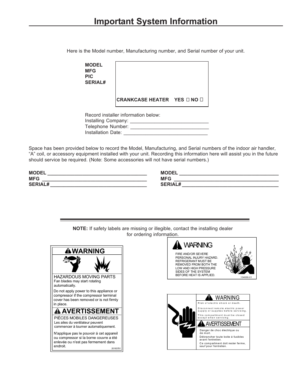 Important system information, Warning, Avertissement warning | Avertissement | Amana REMOTE CONDENSING UNIT User Manual | Page 3 / 8