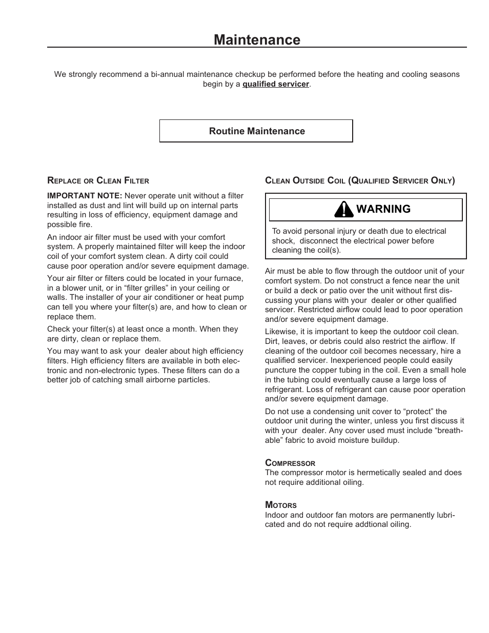 Maintenance, Warning | Amana REMOTE CONDENSING UNIT User Manual | Page 7 / 8