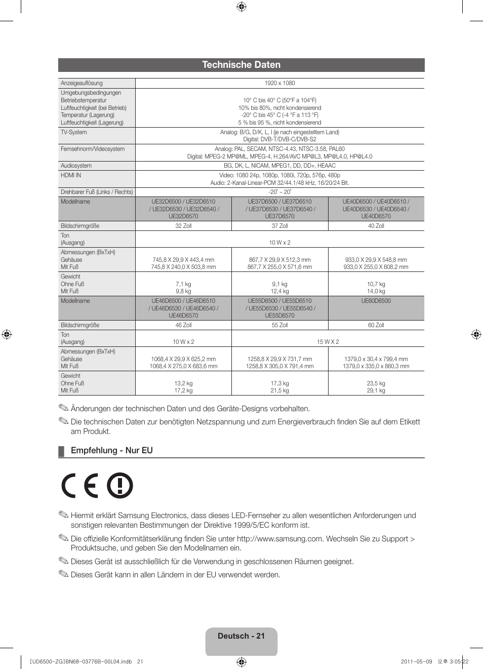 Technische daten | Samsung UE32D6540US User Manual | Page 41 / 82