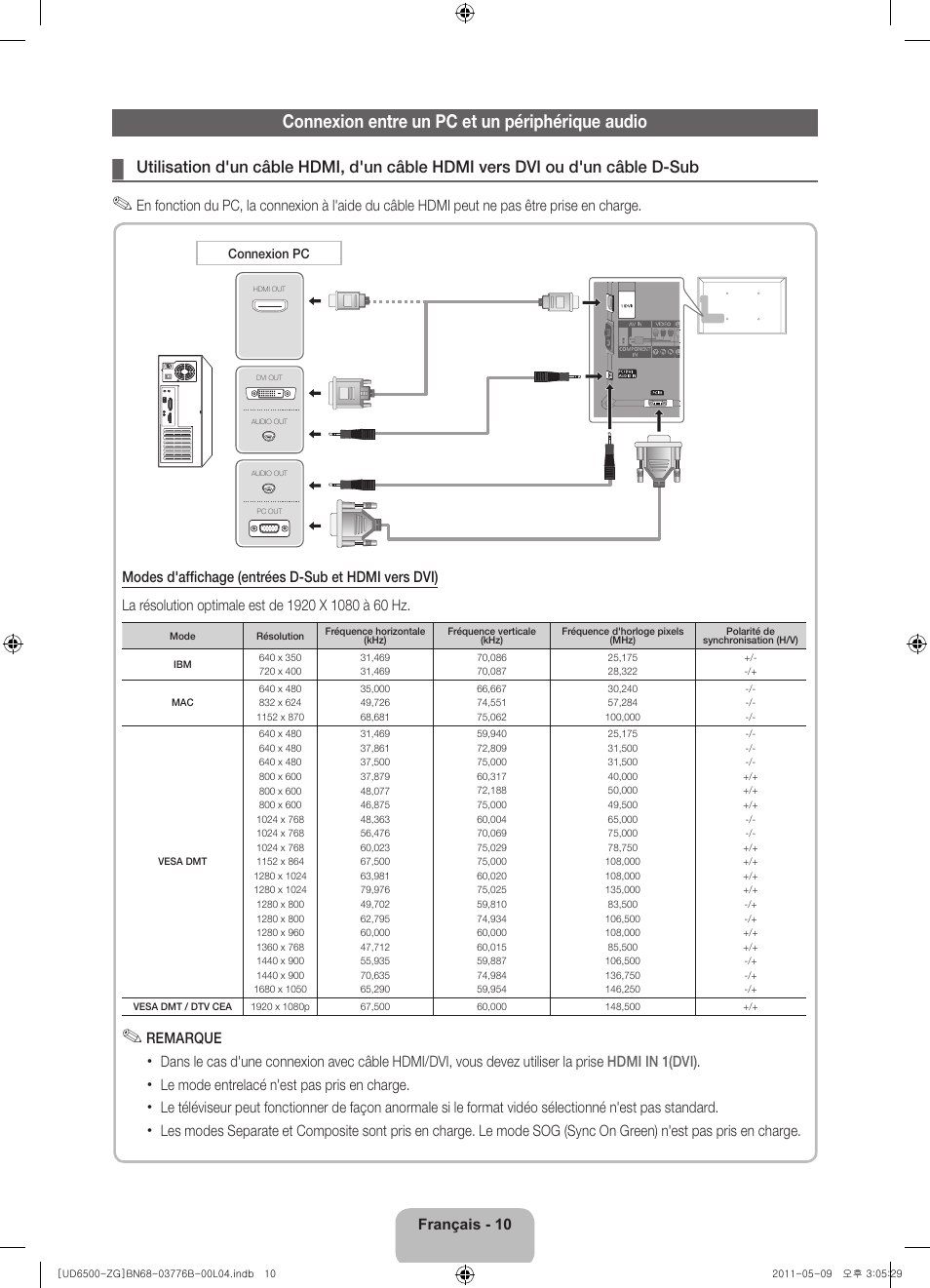 Connexion entre un pc et un périphérique audio | Samsung UE32D6540US User Manual | Page 50 / 82