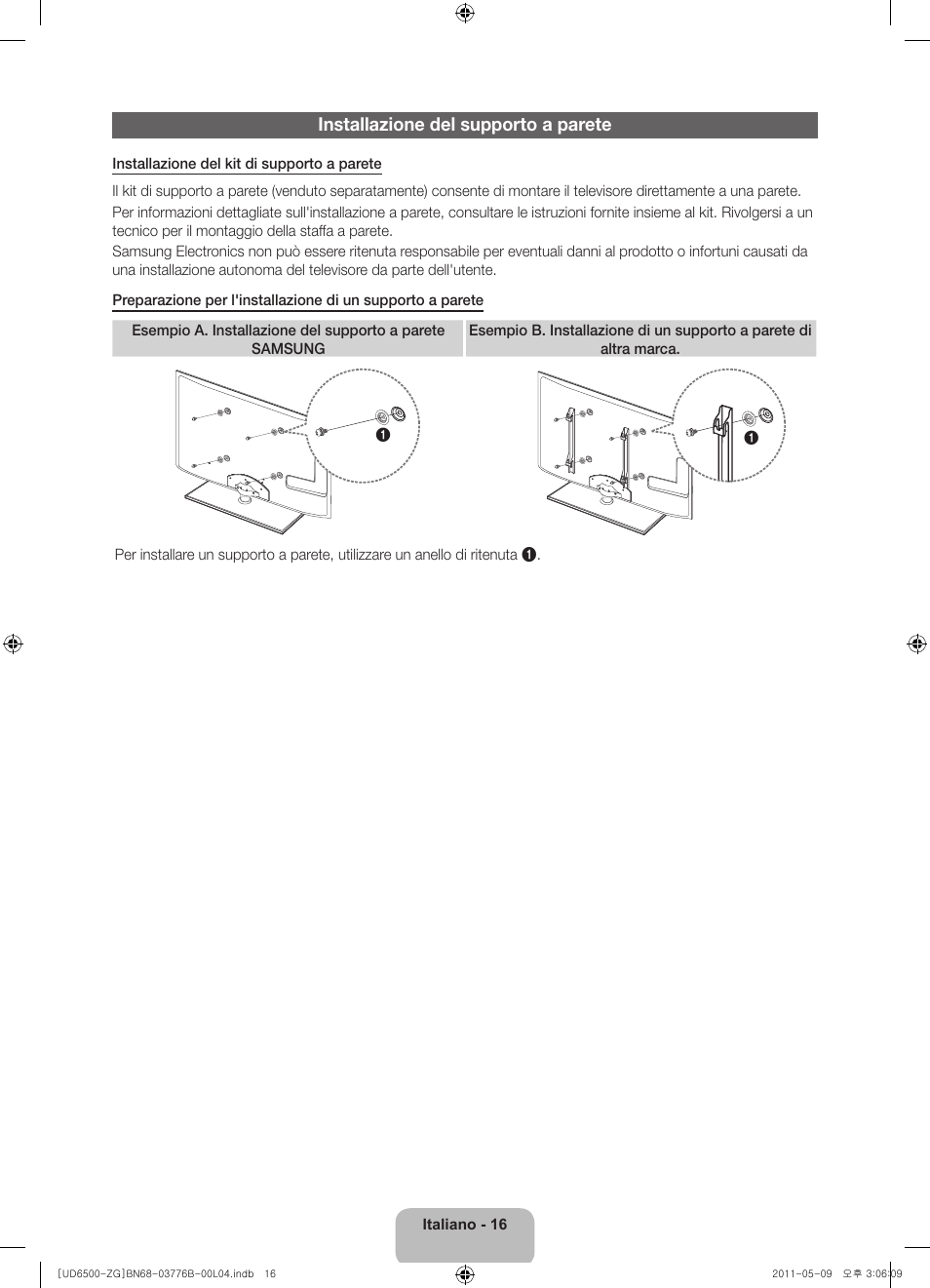 Installazione del supporto a parete | Samsung UE32D6540US User Manual | Page 76 / 82