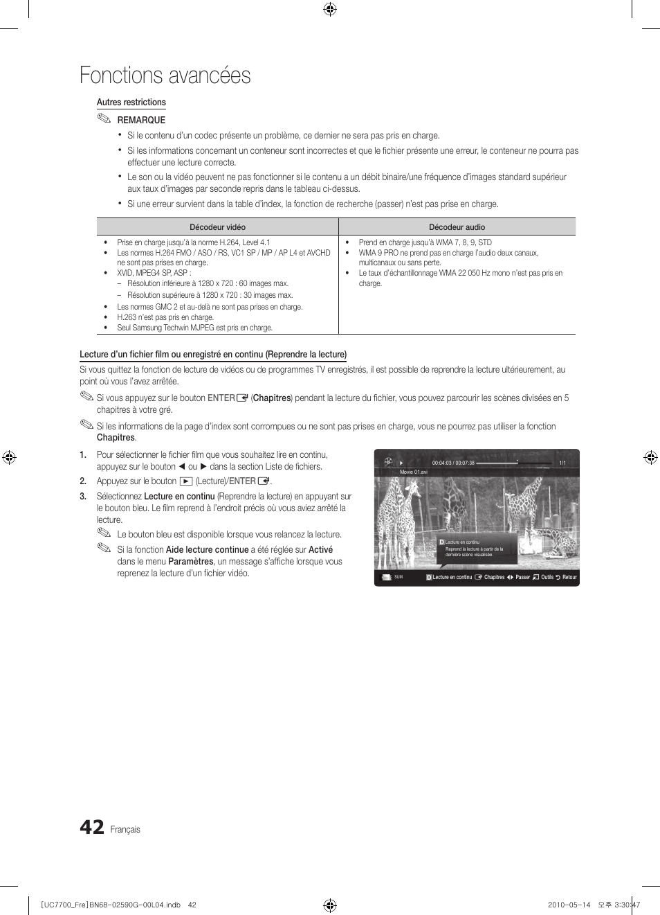 Fonctions avancées | Samsung UE40C7700WS User Manual | Page 106 / 258