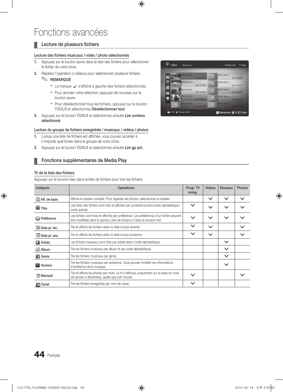 Fonctions avancées, Lecture de plusieurs fichiers, Fonctions supplémentaires de media play | Samsung UE40C7700WS User Manual | Page 108 / 258