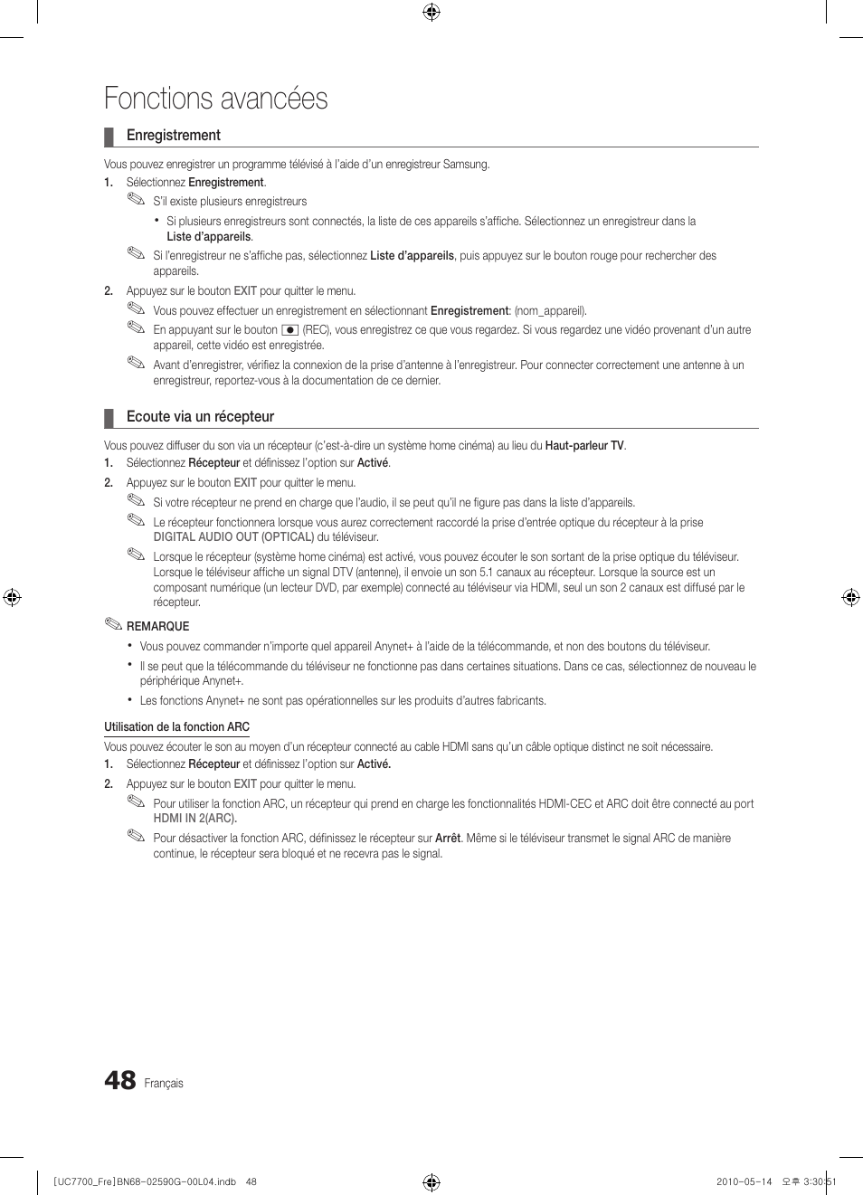 Fonctions avancées | Samsung UE40C7700WS User Manual | Page 112 / 258