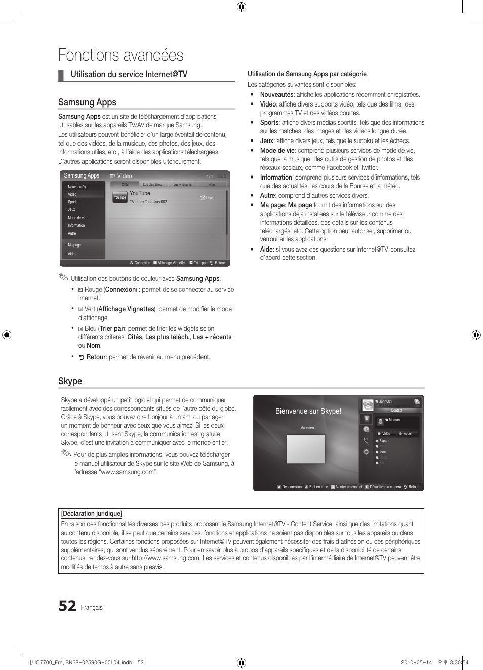 Fonctions avancées, Samsung apps, Skype | Utilisation du service internet@tv | Samsung UE40C7700WS User Manual | Page 116 / 258