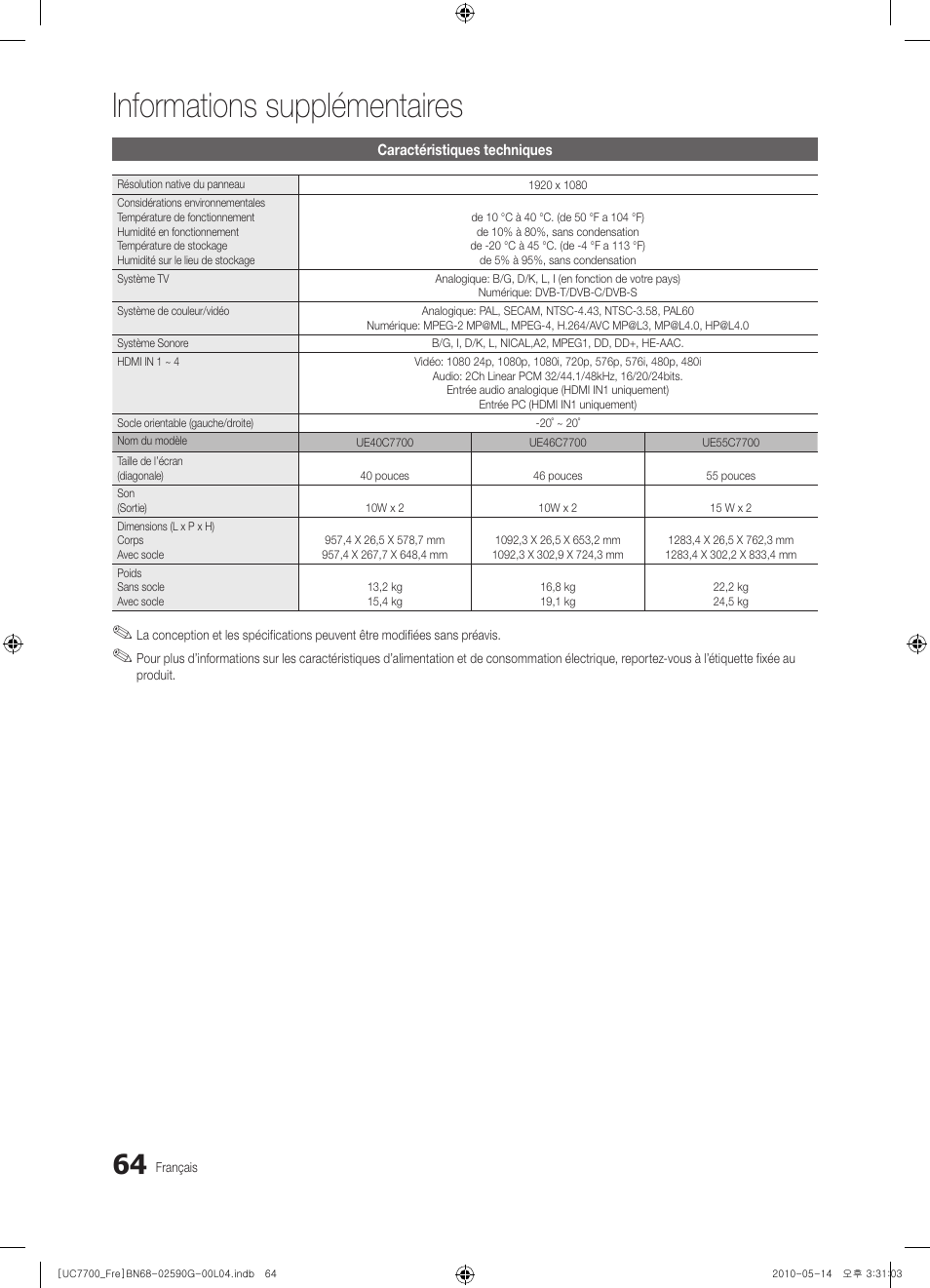 Informations supplémentaires | Samsung UE40C7700WS User Manual | Page 128 / 258