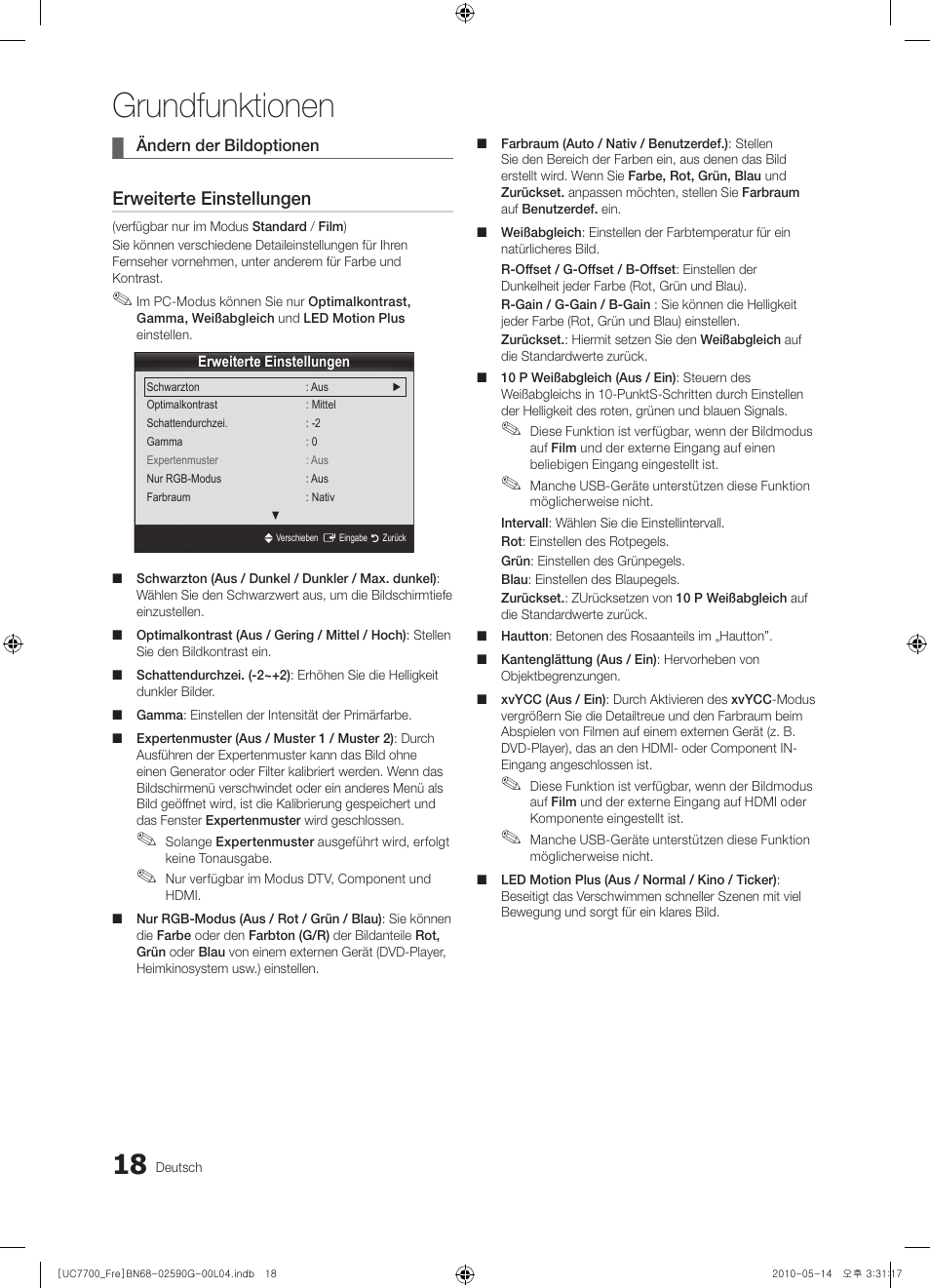 Grundfunktionen, Erweiterte einstellungen | Samsung UE40C7700WS User Manual | Page 146 / 258