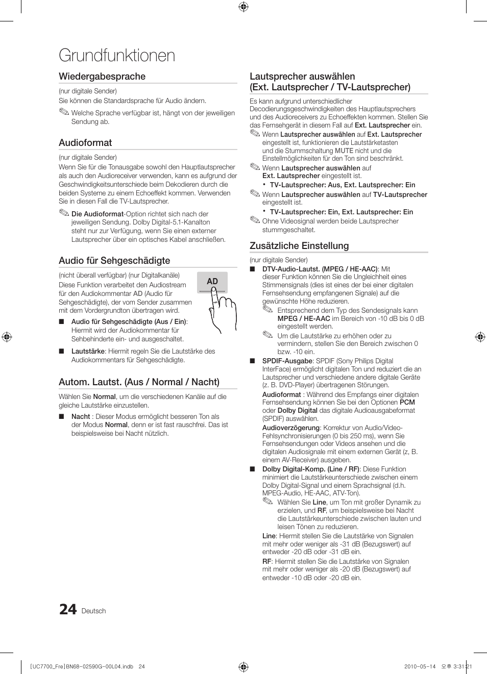Grundfunktionen, Wiedergabesprache, Audioformat | Audio für sehgeschädigte, Autom. lautst. (aus / normal / nacht), Zusätzliche einstellung | Samsung UE40C7700WS User Manual | Page 152 / 258