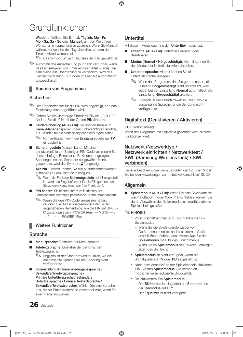 Grundfunktionen, Sicherheit, Sprache | Untertitel, Digitaltext (deaktivieren / aktivieren), Allgemein | Samsung UE40C7700WS User Manual | Page 154 / 258