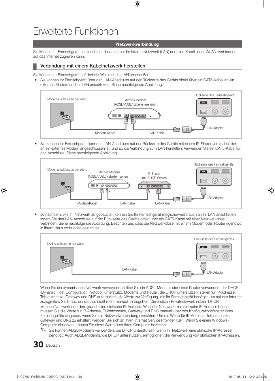 Erweiterte funktionen, Verbindung mit einem kabelnetzwerk herstellen, Netzwerkverbindung | Deutsch | Samsung UE40C7700WS User Manual | Page 158 / 258