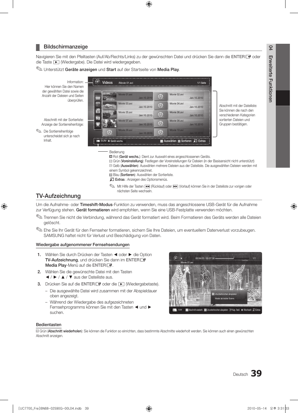 Tv-aufzeichnung, Bildschirmanzeige | Samsung UE40C7700WS User Manual | Page 167 / 258
