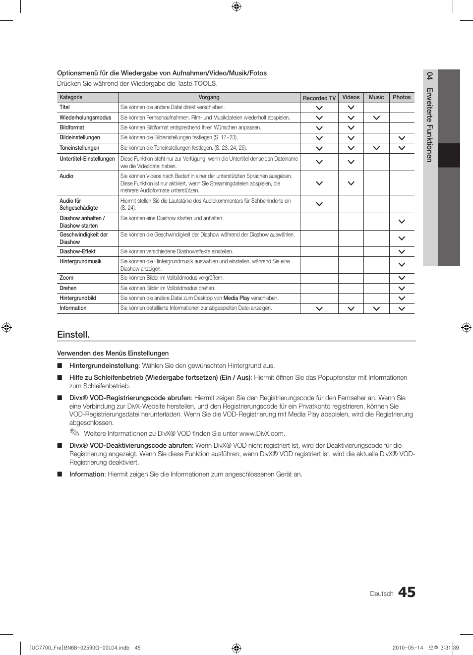 Einstell | Samsung UE40C7700WS User Manual | Page 173 / 258