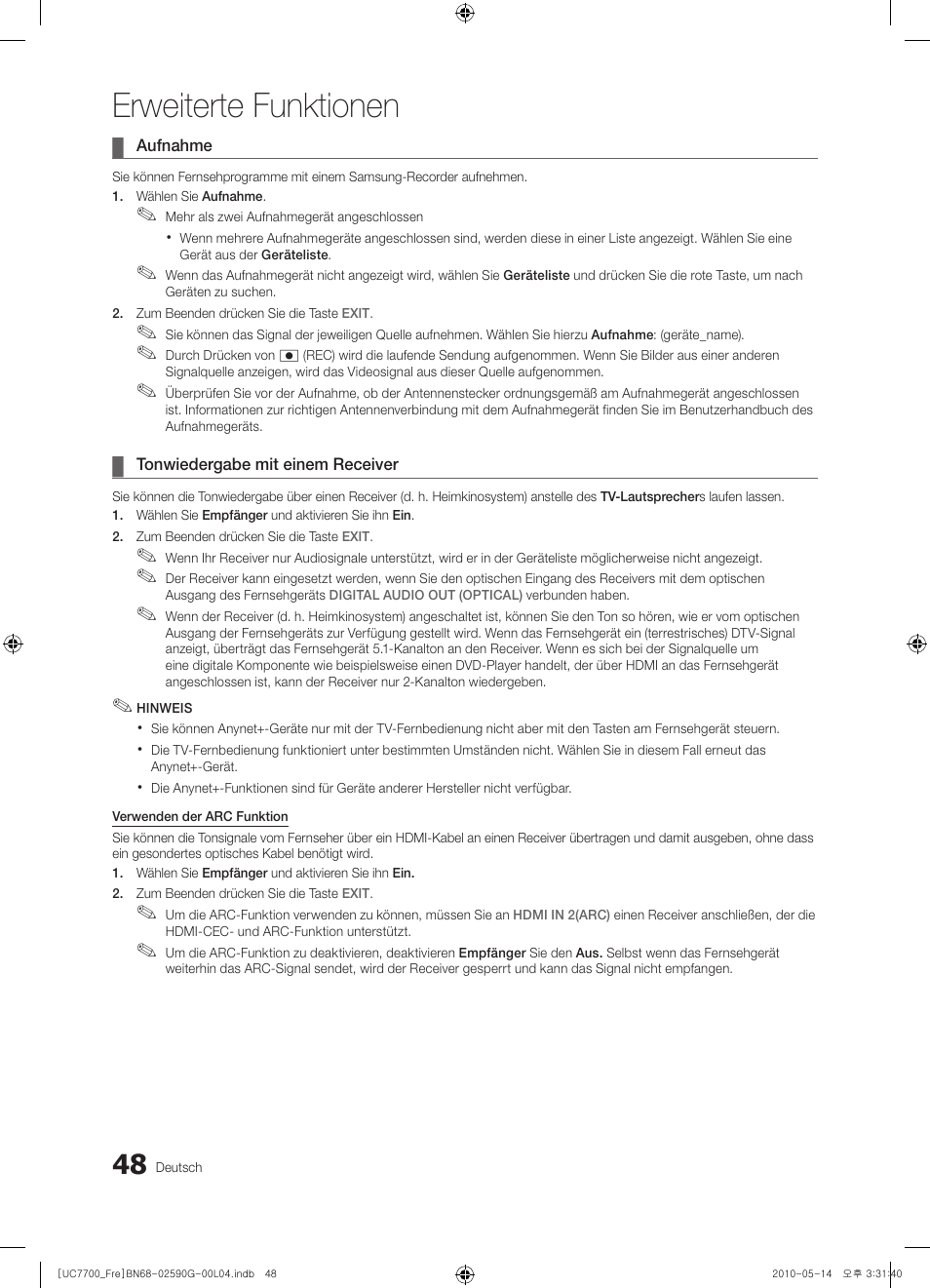 Erweiterte funktionen | Samsung UE40C7700WS User Manual | Page 176 / 258