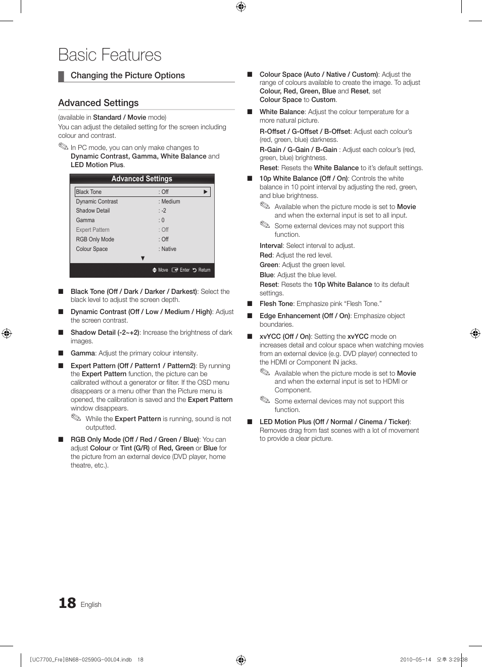 Basic features, Advanced settings | Samsung UE40C7700WS User Manual | Page 18 / 258