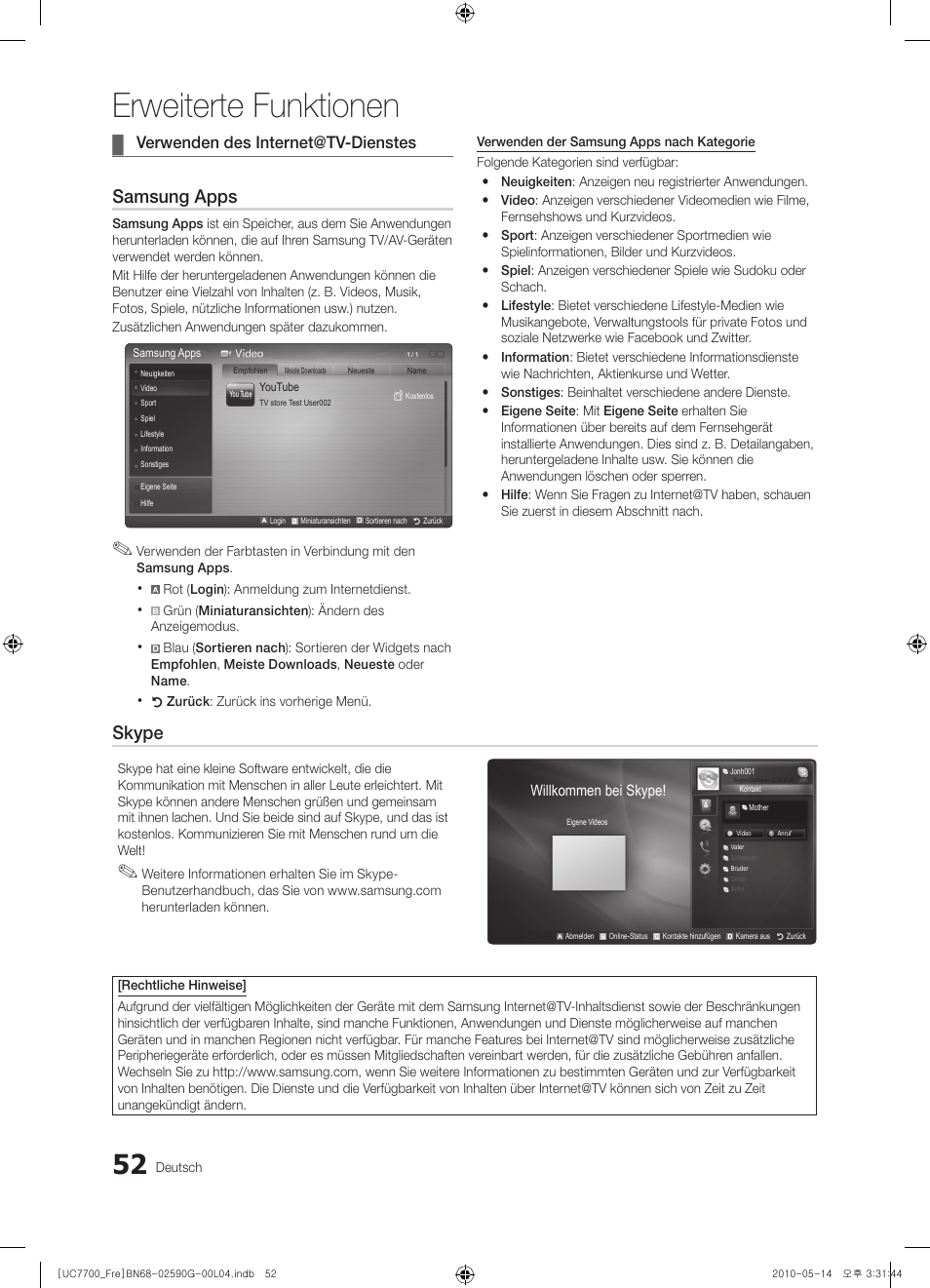 Erweiterte funktionen, Samsung apps, Skype | Verwenden des internet@tv-dienstes | Samsung UE40C7700WS User Manual | Page 180 / 258