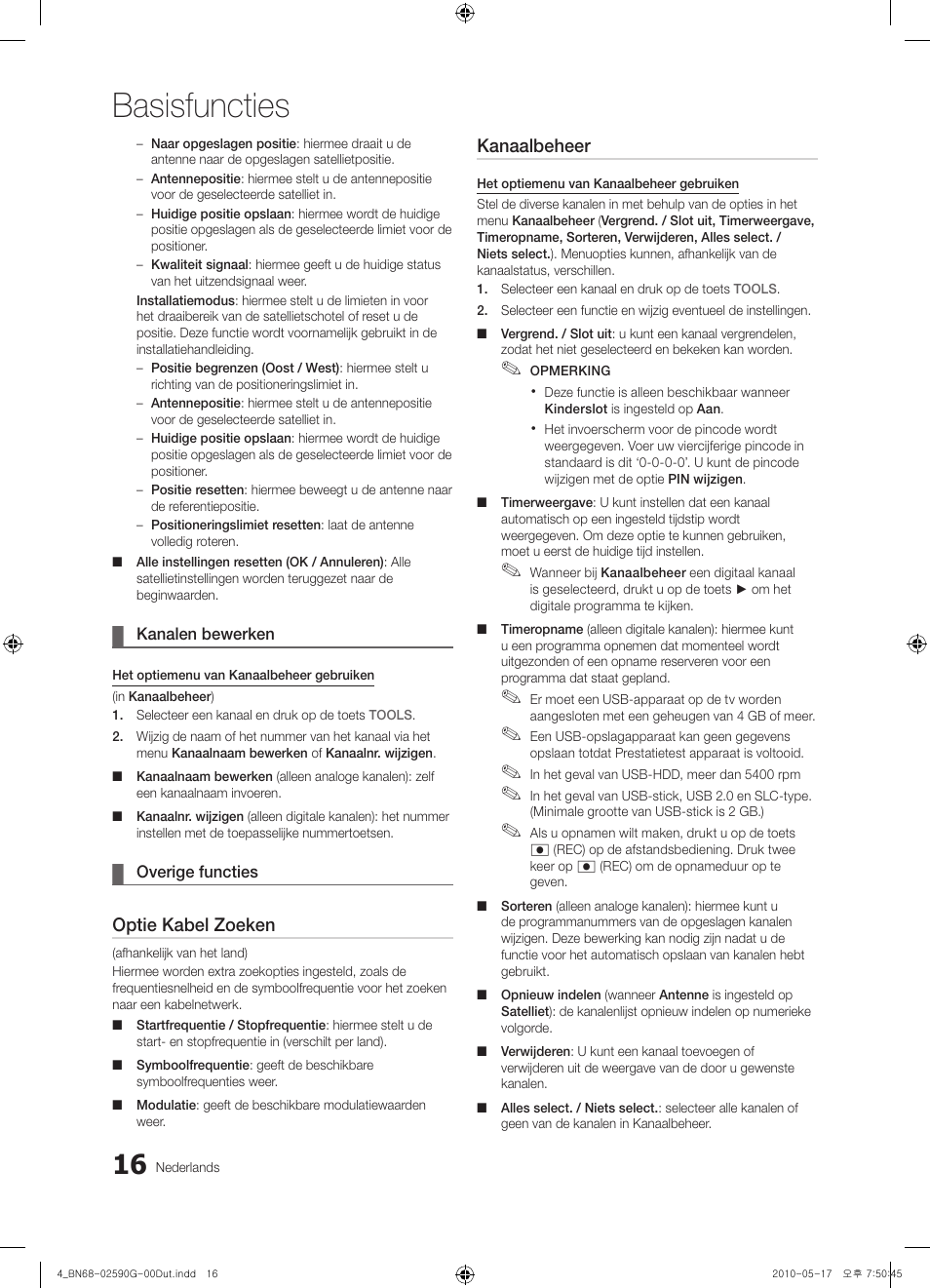 Basisfuncties, Optie kabel zoeken, Kanaalbeheer | Samsung UE40C7700WS User Manual | Page 208 / 258