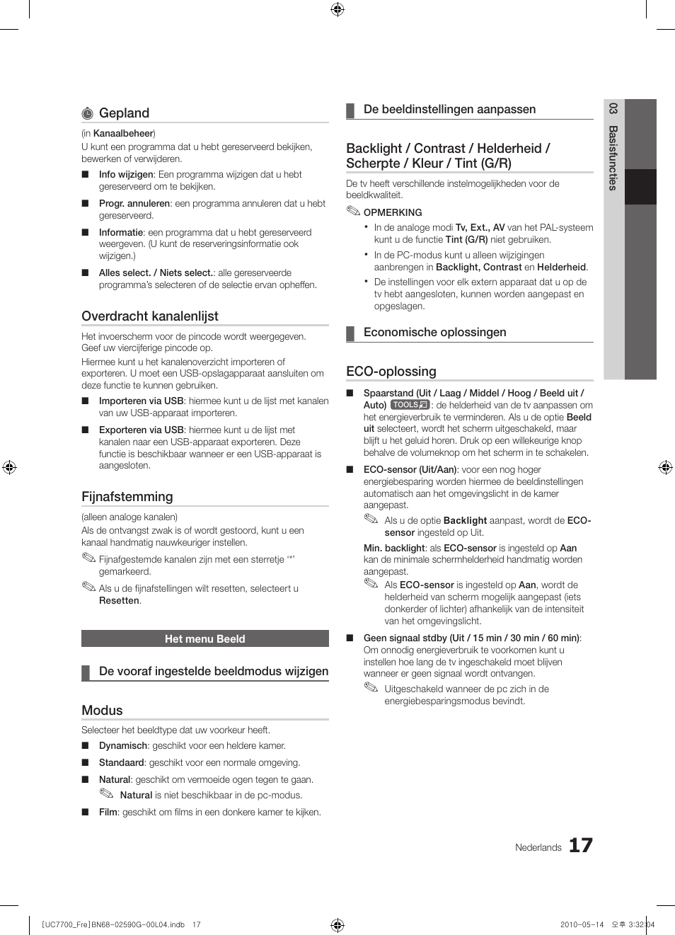 Gepland, Overdracht kanalenlijst, Fijnafstemming | Modus, Eco-oplossing | Samsung UE40C7700WS User Manual | Page 209 / 258