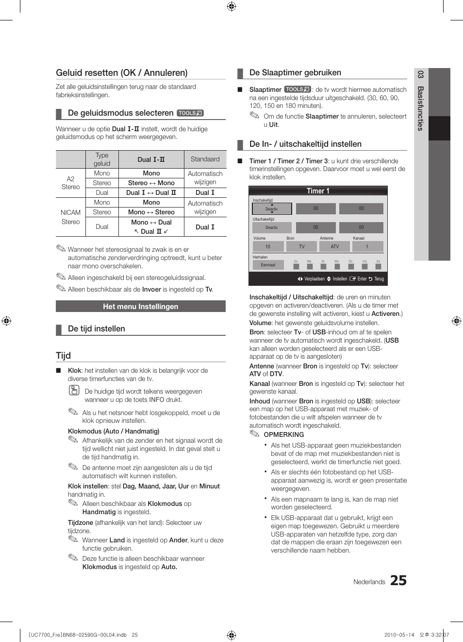 Geluid resetten (ok / annuleren), Tijd | Samsung UE40C7700WS User Manual | Page 217 / 258