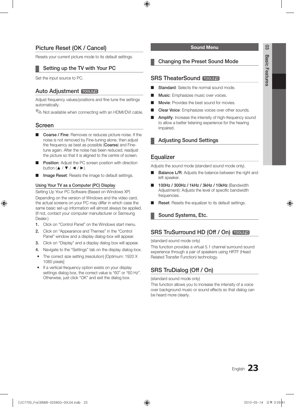 Picture reset (ok / cancel), Auto adjustment, Screen | Srs theatersound, Equalizer, Srs trusurround hd (off / on), Srs trudialog (off / on) | Samsung UE40C7700WS User Manual | Page 23 / 258