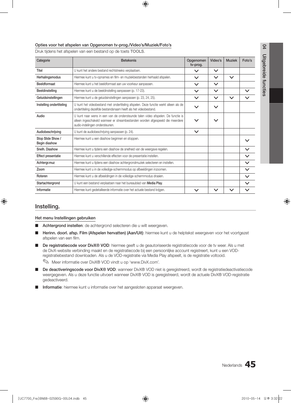 Instelling | Samsung UE40C7700WS User Manual | Page 237 / 258