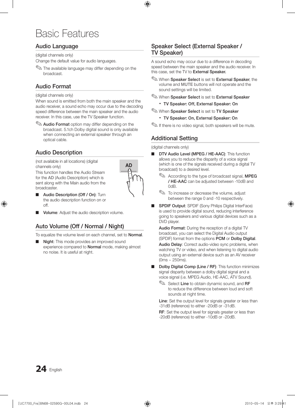 Basic features | Samsung UE40C7700WS User Manual | Page 24 / 258