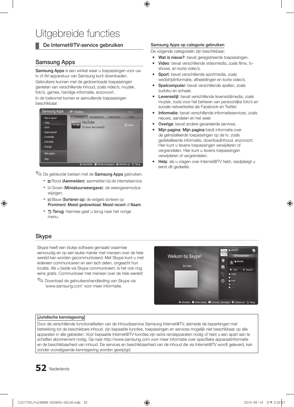 Uitgebreide functies, Samsung apps, Skype | De internet@tv-service gebruiken | Samsung UE40C7700WS User Manual | Page 244 / 258