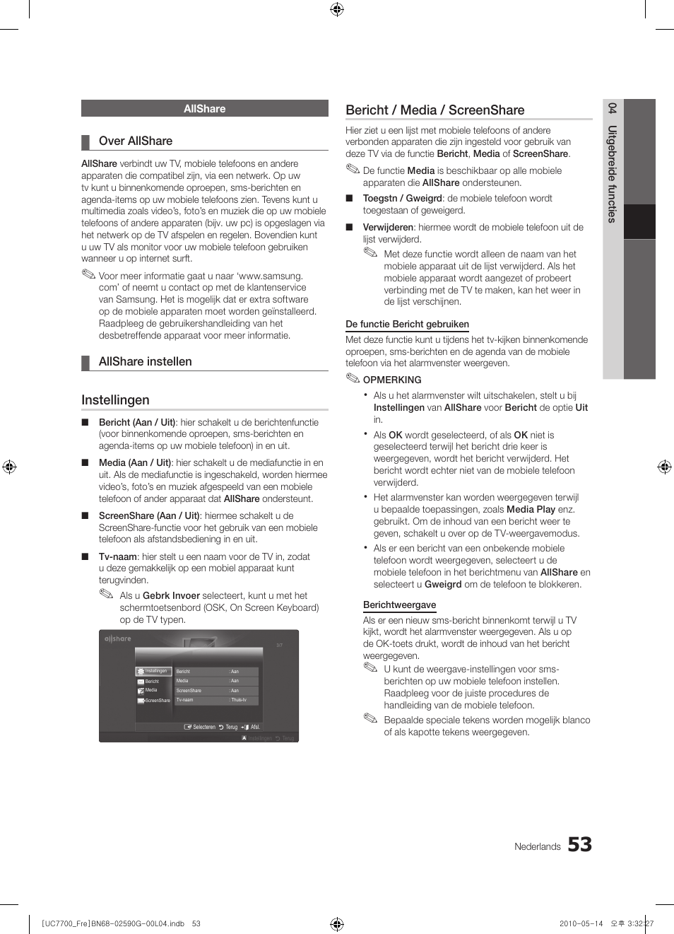 Instellingen, Bericht / media / screenshare | Samsung UE40C7700WS User Manual | Page 245 / 258