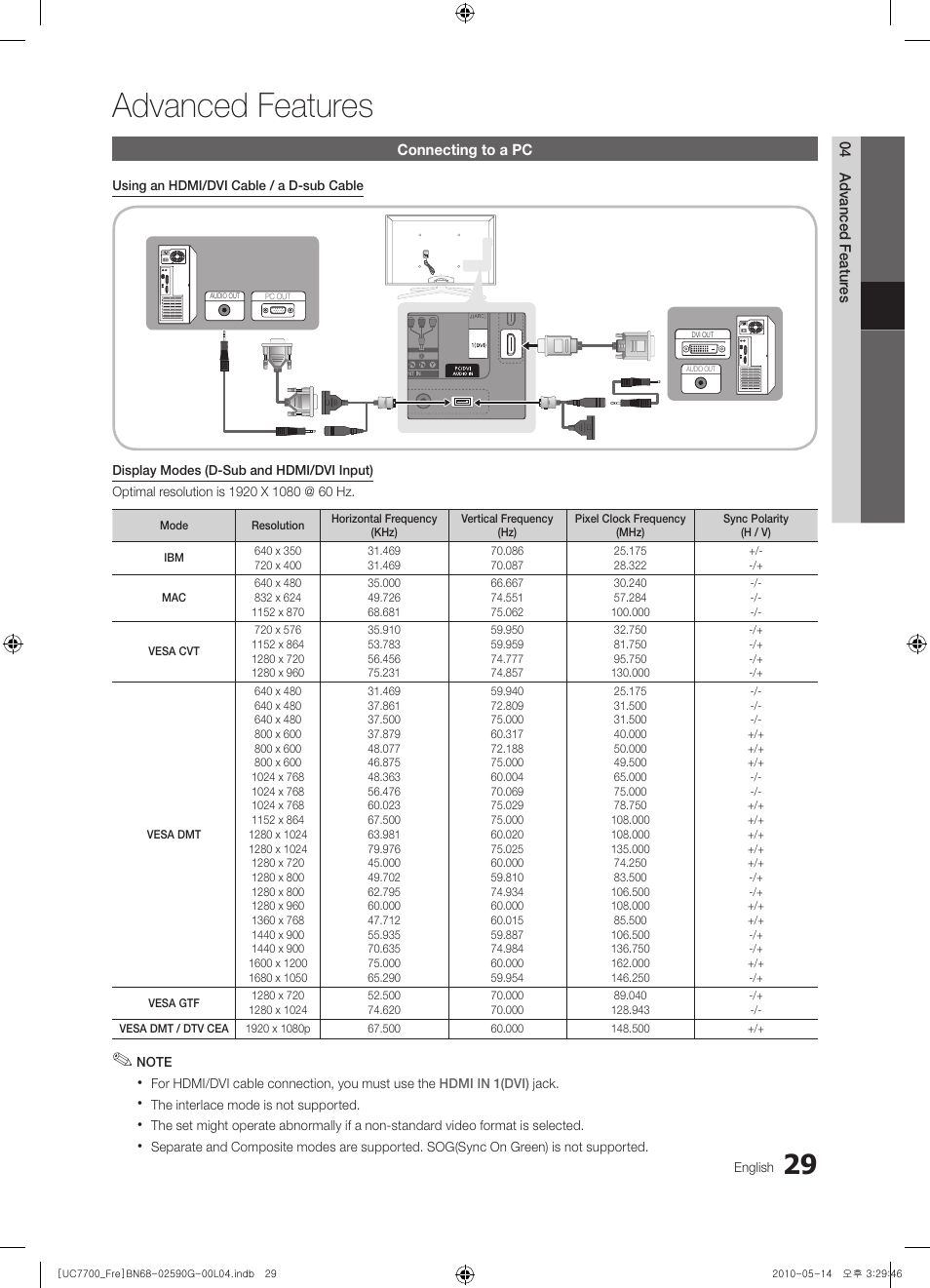 Advanced features | Samsung UE40C7700WS User Manual | Page 29 / 258