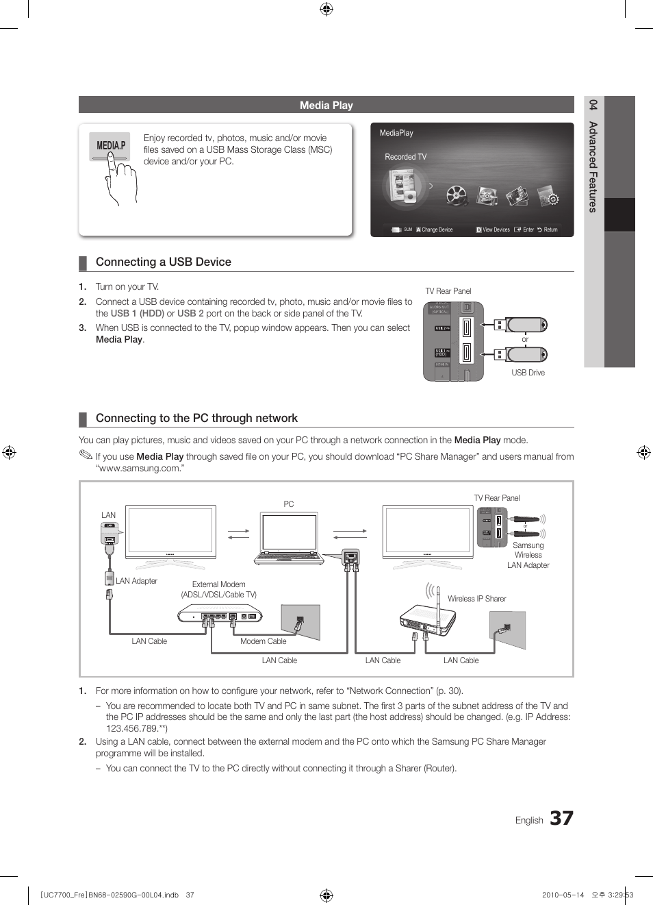 Connecting a usb device, Connecting to the pc through network | Samsung UE40C7700WS User Manual | Page 37 / 258