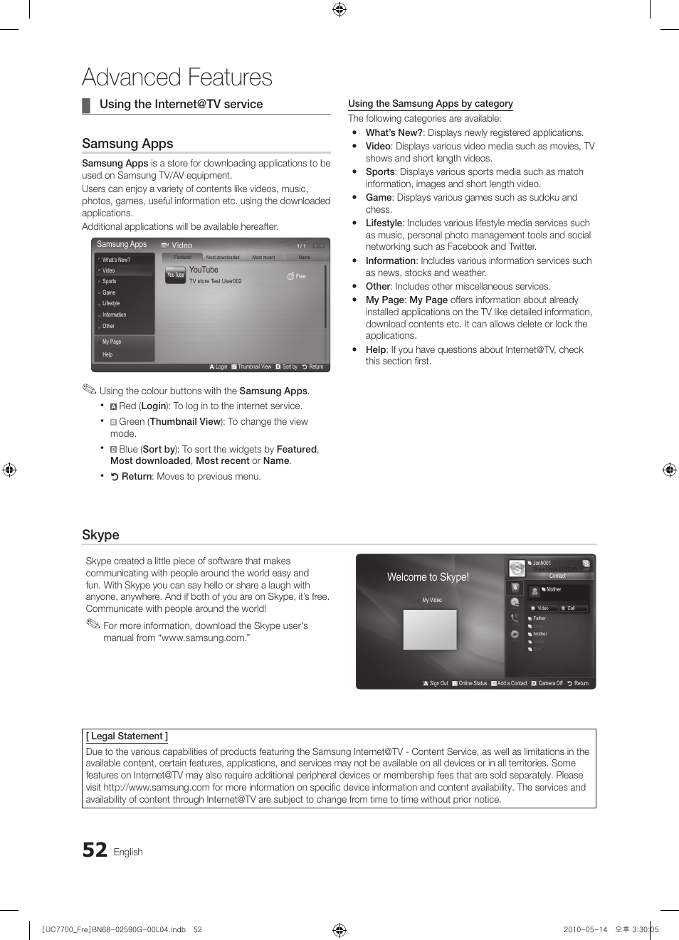 Advanced features, Samsung apps, Skype | Using the internet@tv service | Samsung UE40C7700WS User Manual | Page 52 / 258