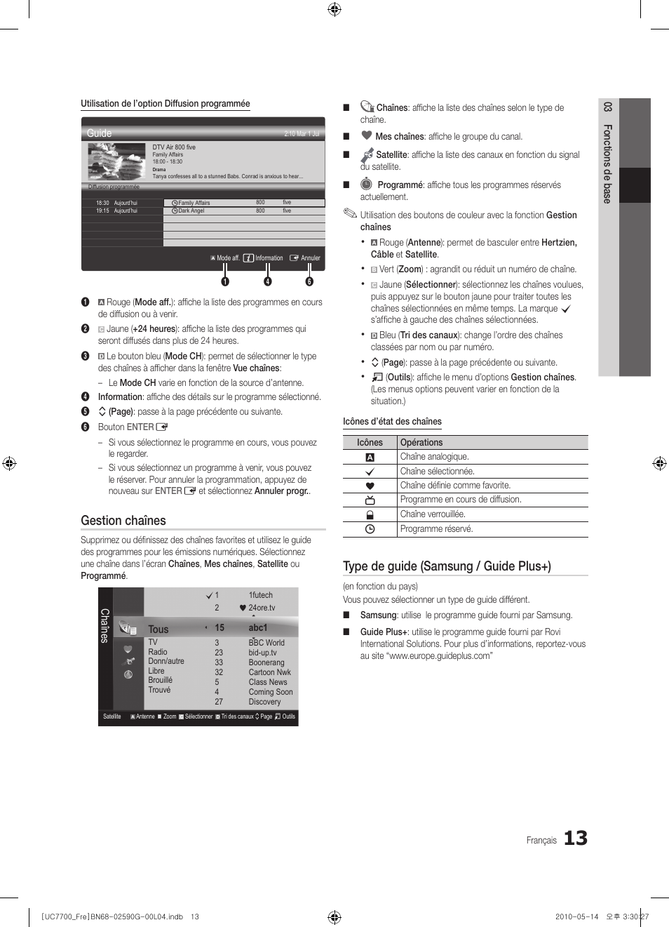 Gestion chaînes, Type de guide (samsung / guide plus+) | Samsung UE40C7700WS User Manual | Page 77 / 258