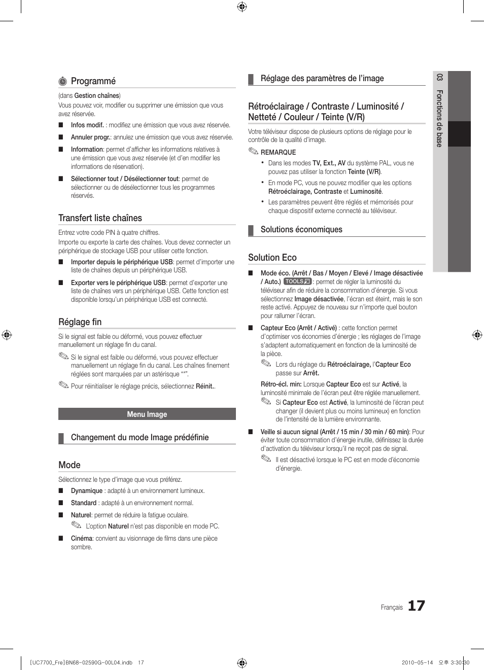 Programmé, Transfert liste chaînes, Réglage fin | Mode, Solution eco | Samsung UE40C7700WS User Manual | Page 81 / 258