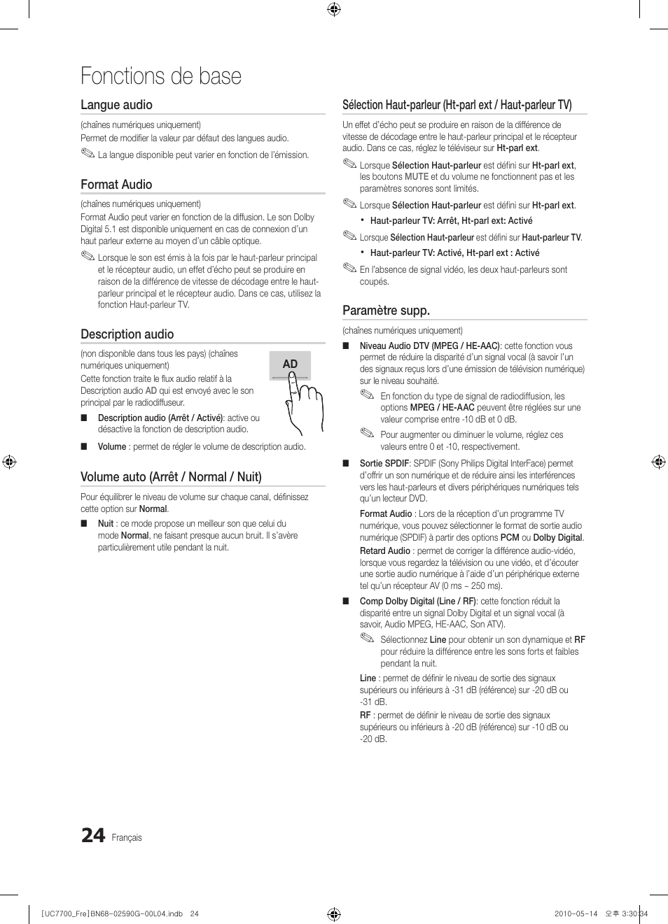 Fonctions de base | Samsung UE40C7700WS User Manual | Page 88 / 258